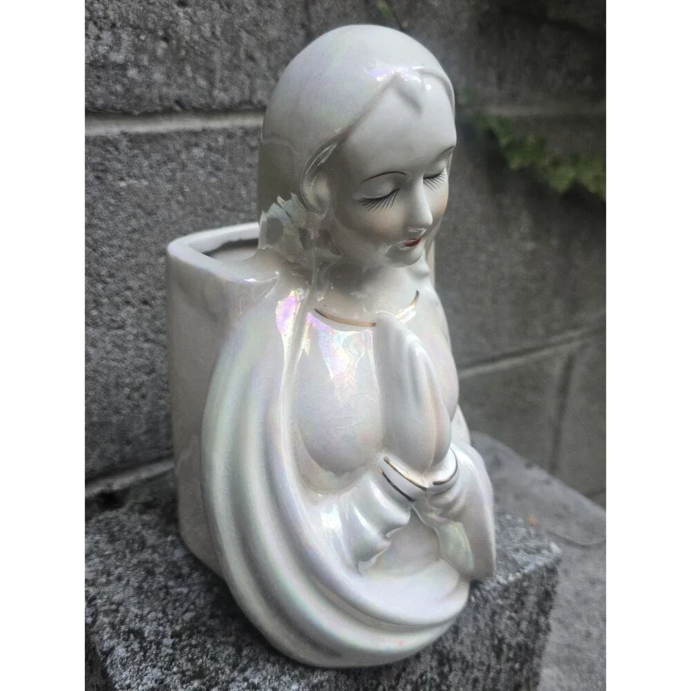 Praying Virgin Mary Madonna Ceramic Planter Opalesent Glaze w/ Gold Details Vtg